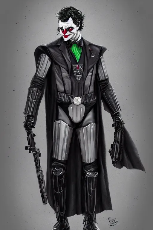 Image similar to Joker wearing vader's armor suit, full character, artstation, highly detailed, highly realistic