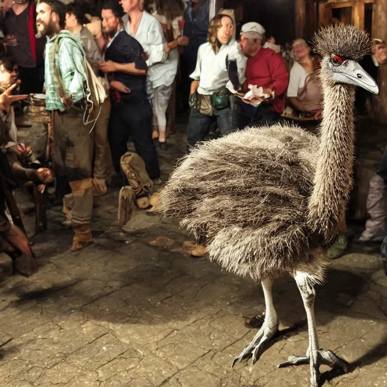 Prompt: an emu in the middle of a crowded halfling tavern