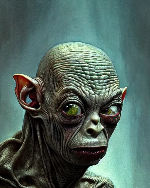 Prompt: gollum lotr ugly, ultra detailed, ultra realistic, by beksinski, alejandro jodorowsky, giger, greg rutkowski, carne griffith trending on artstation, deviantart, photorealism