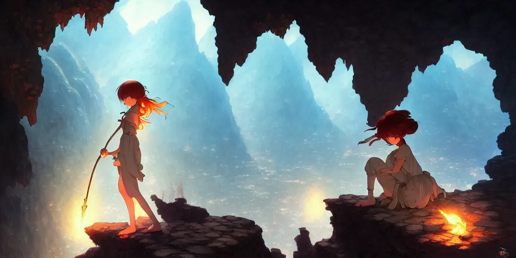 Prompt: the girl and the cave. anime, fantasy, smooth. torches, dark, digital painting, by hayao miyazaki and rossdraws and artgerm and chie yoshii and detmold and greg rutkowski and alphonse mucha. artstation. high quality, stunning, intricate detailed environment. 8 k