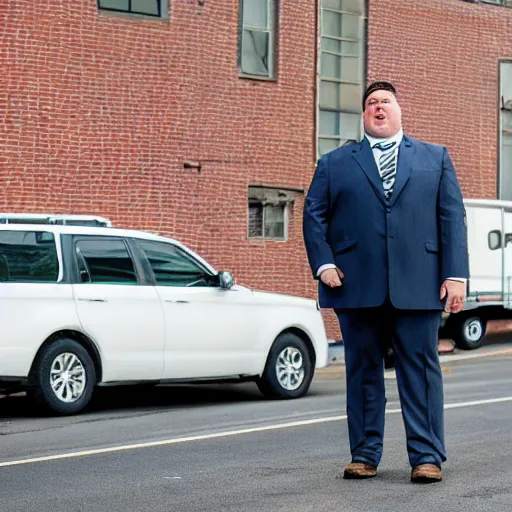 Image similar to the chubby white man stood patiently on the trailer lot, his legs spread apart, wearing an olive green overcoat, dark gray chalk stripe three-piece suit, a blue dress shirt with white cuffs and collars, a midnight blue necktie, and a pair of dirty wheat Timberland work Boots