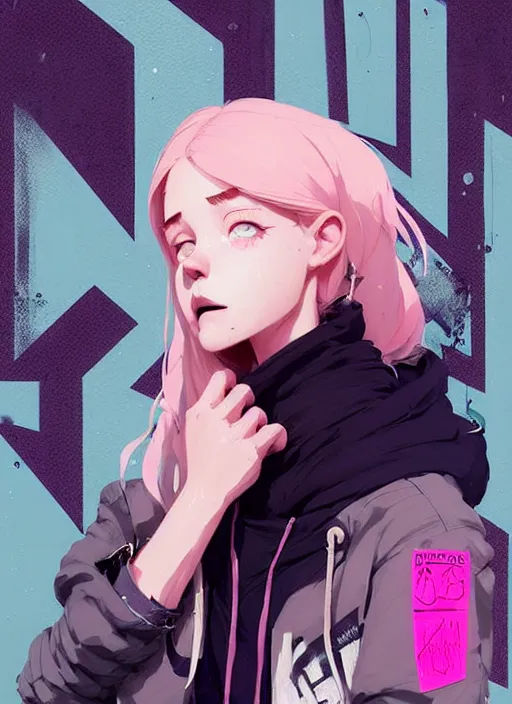 Image similar to highly detailed portrait of a urban punk lady student, blue eyes, hoodie, white hair by atey ghailan, by greg rutkowski, by greg tocchini, by james gilleard, by joe fenton, by kaethe butcher, gradient black, brown and pink color scheme, grunge aesthetic!!! ( ( graffiti tag wall background ) )