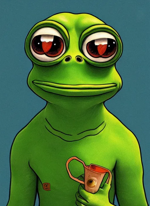 Image similar to depressed pepe the frog!!!, sad, portrait, intricat, highly detailed, digital painting, artstation, concept art, wallpaper, smooth, sharp focus, illustration, art by matt furie and artgerm and greg rutkowski and alphonse mucha