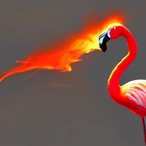 Image similar to flamingo exhaling fire, flame, fire, flamingo, photo realistic, dramatic lighting