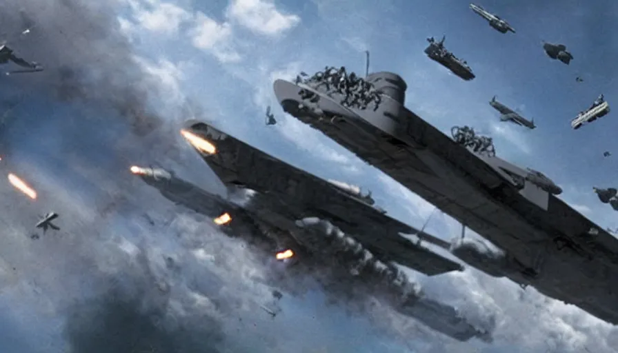 Image similar to big budget movie about a world war 2 spaceship battle using aircraft carriers