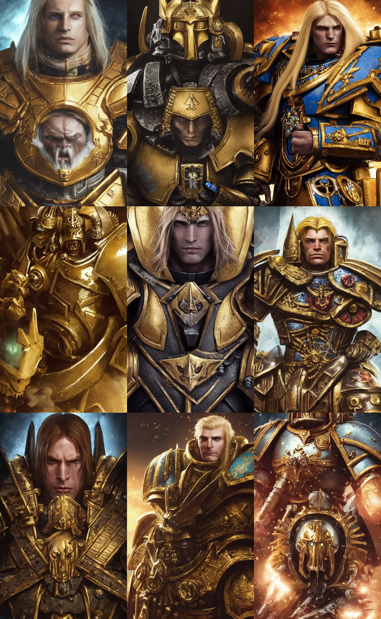 Prompt: warhammer 40k, half-lenght portrait of Emperor of Mankind, beautiful man without helmet, gold armor, beautiful face, long blonde hair, digital art, fine details, cinematic, highly detailed, octane render