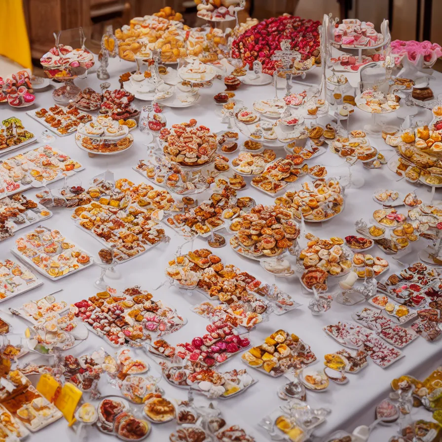 Image similar to a table with a white map full of sweets and bite sized deserts. highly detailed 8 k. intricate. nikon d 8 5 0 3 0 0 mm. award winning photography.