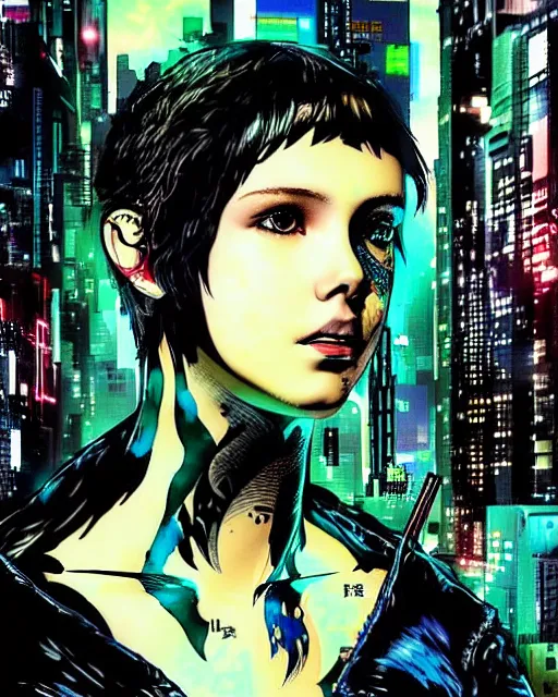 Prompt: portrait of cyberpunk millie bobby brown by yoji shinkawa