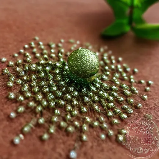 Image similar to a detailed product photograph of a tiny magical charm enchantment that bestows abundance and playfulness and that friday feeling, made with tiny delica beads and glitter thread and herbs, organic olive green tones, light leaks