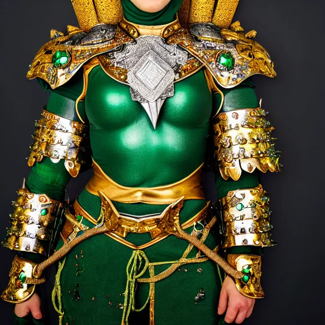 Image similar to full body photo of a beautiful cute strong warrior queen wearing emerald encrusted armour, highly detailed, 8 k, hdr, smooth, sharp focus, high resolution, award - winning photo