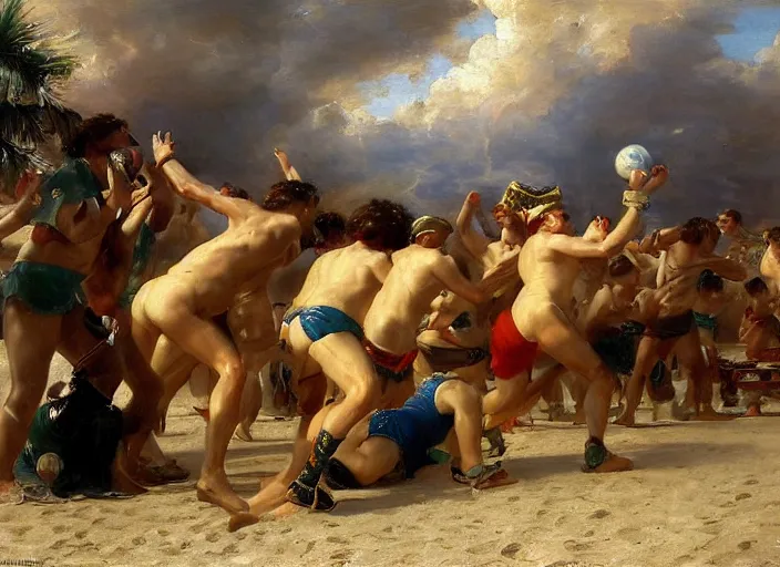 Image similar to the roman legion in full armor playing volleyball at the beach by vladimir volegov and alexander averin and pierre auguste cot and delphin enjolras