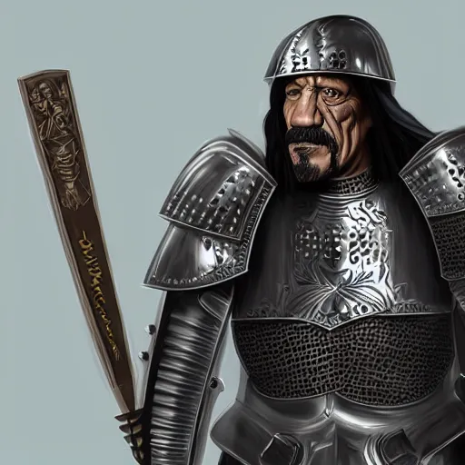 Prompt: danny trejo in plate armour, 4 k, concept art, digital art, medieval style, sharp lines, dynamic shadows