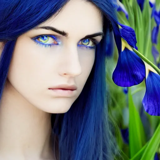 Image similar to raven haired seductive woman with stunning ocean blue irises with a beautiful face, sharp thin nose, fair skin, soft skin, long neck, and elf pointed ears showing bare shoulders