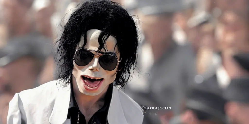 Image similar to michael jackson 2 0 0 9 wearing shades, this is it style, photo real, pores, motion blur, solo dancing with soldiers for music video, by himself, real life, spotted, ultra realistic face, accurate, 4 k, movie still, uhd, sharp, detailed, cinematic, render, modern