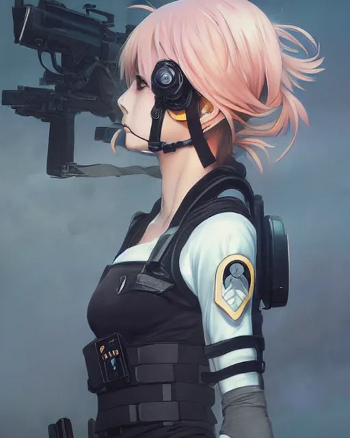 Image similar to nami, anime key visual of a young female swat officer, neon, cyberpunk, futuristic, white top, black vest, stunning, highly detailed, digital painting, smooth, soft focus, illustration, 4 k digital art from artstation by artgerm and greg rutkowski and alphonse mucha