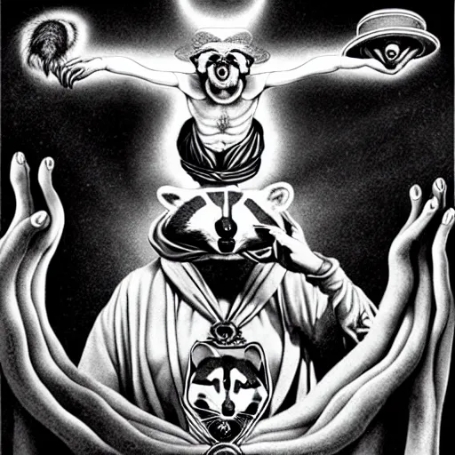 Image similar to racoon - hierophant blessing people in style of dali