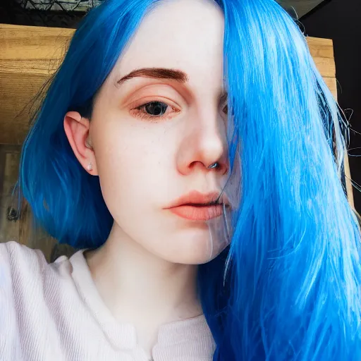 Prompt: a pale girl with blue hair, soft facial features, looking directly at the camera, neutral expression, extreme close up, instagram picture