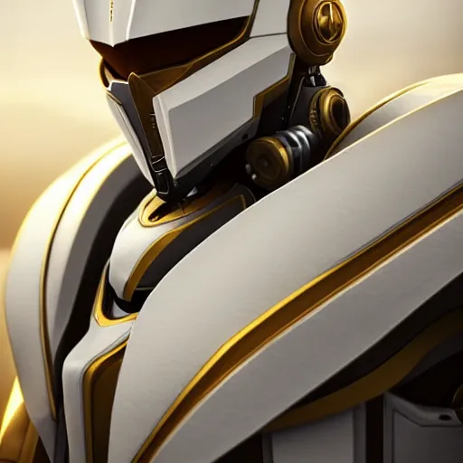 Prompt: A knight in ivory white mecha armor with gold trim, bust portrait, art by Eugenia firs ArtStation, Octane render, intricate detail, smooth, sharp focus,