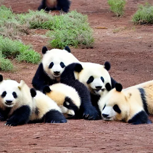 Image similar to a herd of hundreds of panda bears in the african savannah.
