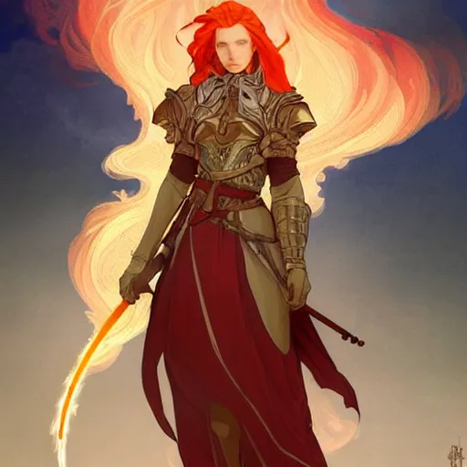 Image similar to a beautiful fire wizard with fire red hair, freckles. wearing armor inspired by alphonse mucha with an exposed midriff, standing on a mountain top with epic clouds and volumetric lighting. intricate illustration and highly detailed digital painting. concept art by artgerm. inspired by brom art and larry elmore.