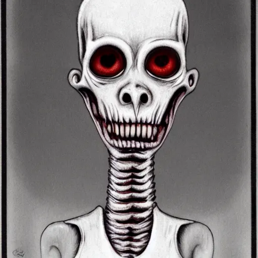 Image similar to humanoid with crooked teeth, two black eyes, long open black mouth, alien looking, big forehead, horrifying, killer, creepy, dead, looking straight forward, realistic, slightly red, long neck, boney, monster, tall, skinny, skullish, deathly, in the style of alfred kubin