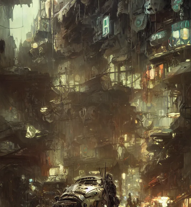 Prompt: a painting of death dealer junkyard cyberpunk, by jeremy mann, krenz cushart, artem demura, alphonse mucha, intricate, elegant, highly detailed, digital painting, artstation, concept art, smooth, sharp focus, illustration, art