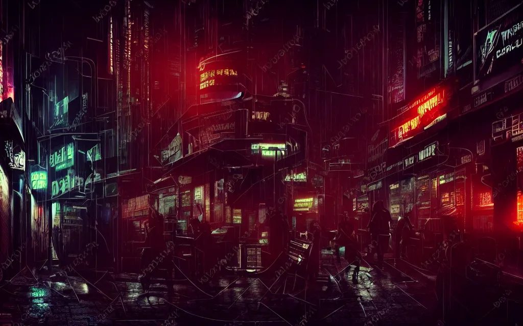 Image similar to dark dystopian cyberpunk bar street neon gothic - noir undertones, cinematic scene, volumetric lighting, dark subdued gloomy