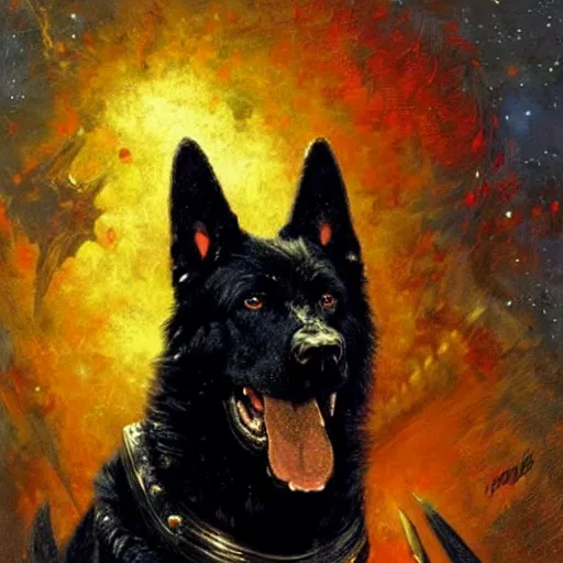 Image similar to a portrait of a black german shepard dogman canine star trek captain red shirt. highly detailed painting by gaston bussiere craig mullins jc