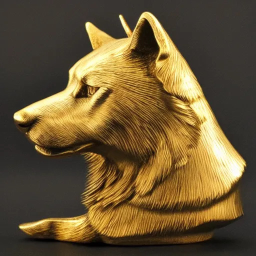 Image similar to gold sculpture of a husky, highly detailed, engraved