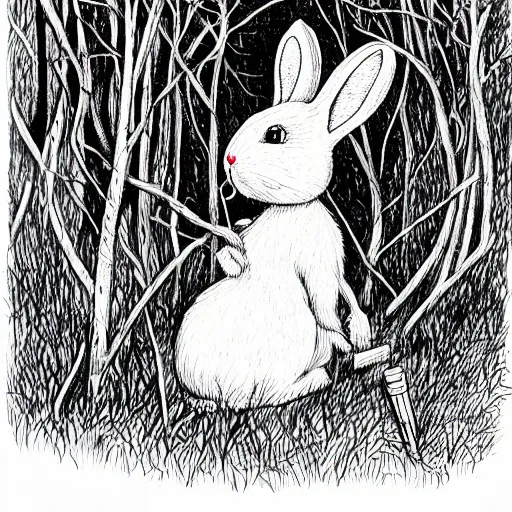 Image similar to precisely drawn, fine detailed, intense line work, drawing of a white bunny smoking a big cigarette in the deep tangled forest, by edward gorey, 3 d isotmetric, black ink on white paper