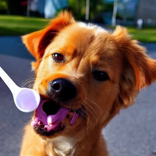 Prompt: a cute dog licking icecream