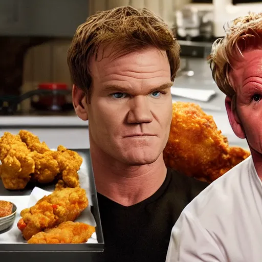 Prompt: dexter morgan and gordon ramsay eating fried chicken