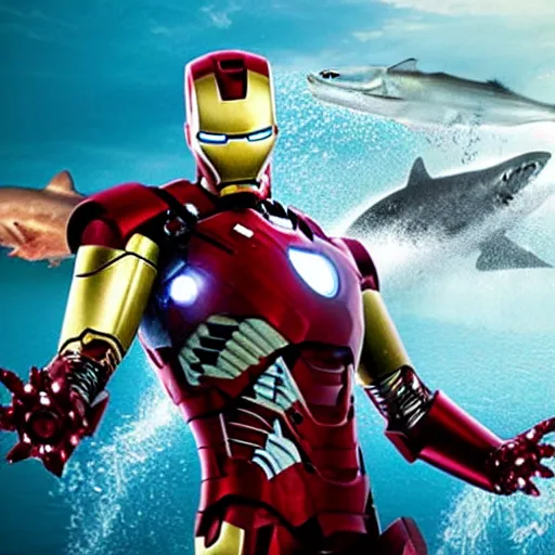 Prompt: film still of iron man eaten by a shark from jaws, photography, trailer