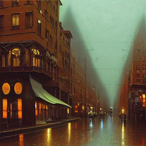 Prompt: a highly detailed and beautiful realistic oil painting of a 21st century city street in a smoky summer night, by Zdzisław Beksiński,Jean Delville, Edmund Dulac,Jean Giraud,Ellen Jewett, #vfxfriday, vivid, hyper realistic, wide angle, detailed, masterpiece, 8k resolution, matte painting, trending on artstation