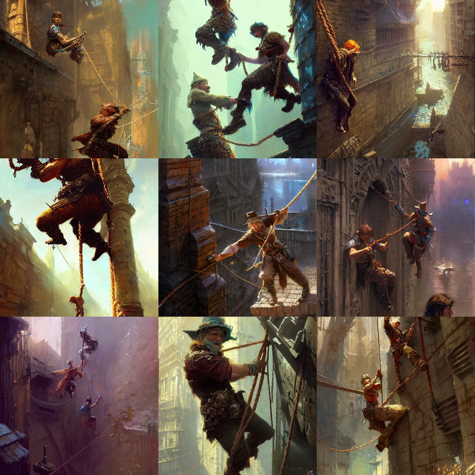 Prompt: couple of dnd thiefs climb down by hanging rope into sewer waterworks deeps, fantasy digital art, detailed face, gorgeous, colorfull, amazing, intricate, highly detailed, painting by gaston bussiere, craig mullins