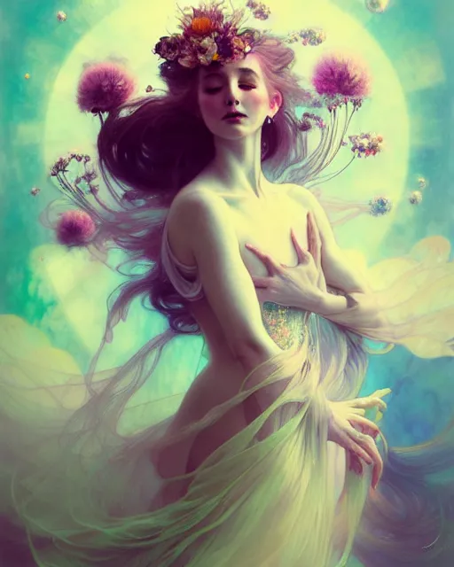 Image similar to Full View ultrarealistic Portrait ethereal fantasy deity wearing beautiful gown, rising in the air levitating, flowers, calm, 4k digital masterpiece by Anna Dittman and Alberto Seveso Ruan Jia, rossdraws, artgerm and greg rutkowski and alphonse mucha and loish and WLOP, fantasycore, Hyperdetailed, fractals, scribble art, realistic digital painting, atmospheric, fireflies, soft lighting, featured on Artstation