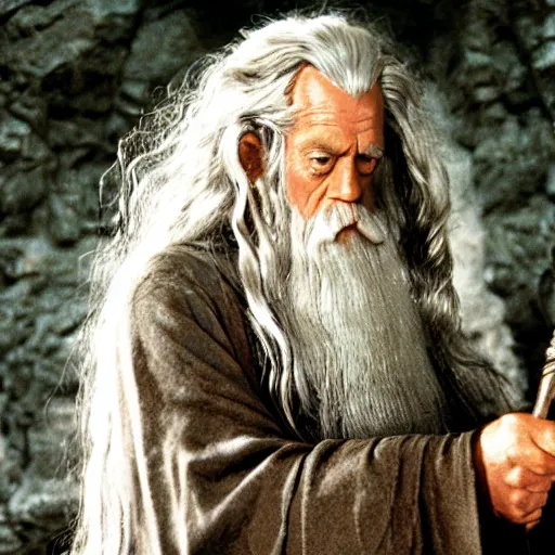 Image similar to A Still of Patrick McGoohan as Gandalf in The Lord of the Rings (2001), full-figure