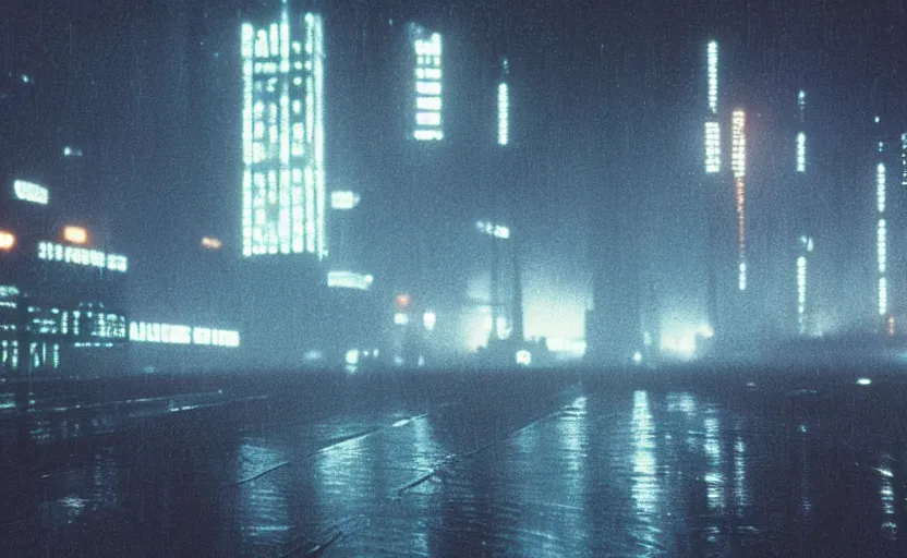 Prompt: 35mm night skyline urban photographic landscape of Blade Runner 1982 city with industrial fires and smog, futuristic dystopian megacity skyline, hard rain falling, neon