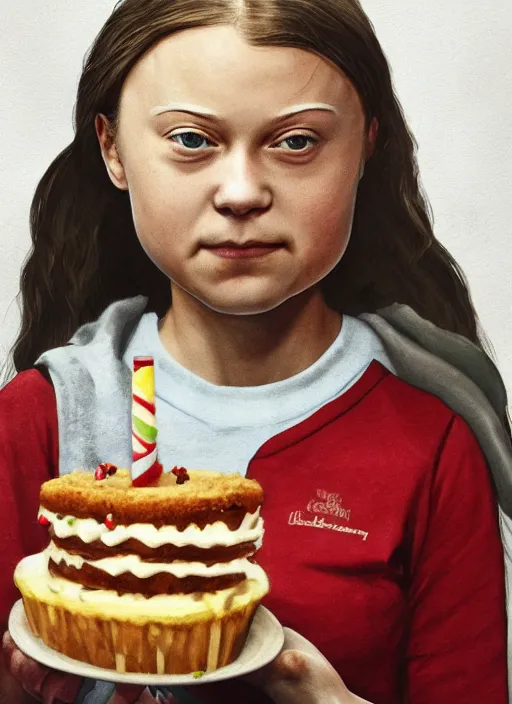Prompt: greta thunberg eating cakes, detailed digital art, trending on Artstation