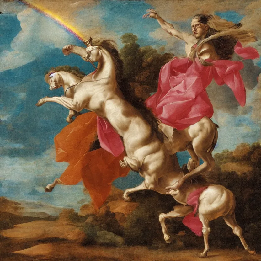 Prompt: A unicorn walking on a rainbow, in the style of Caravaggia