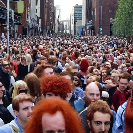 Image similar to a 7 0 foot tall red - haired man walking among the crowd