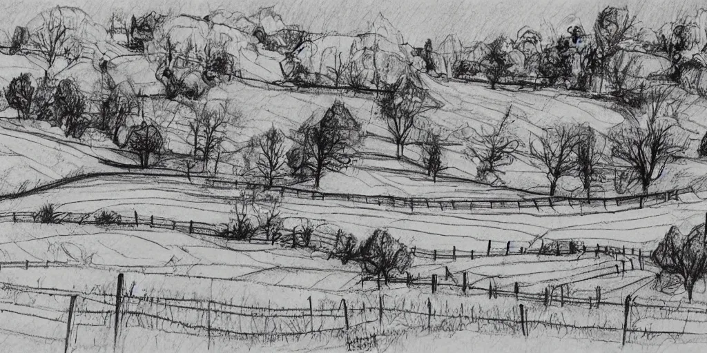 Prompt: stunning drawing of a farm landscape by brian k. vaughan