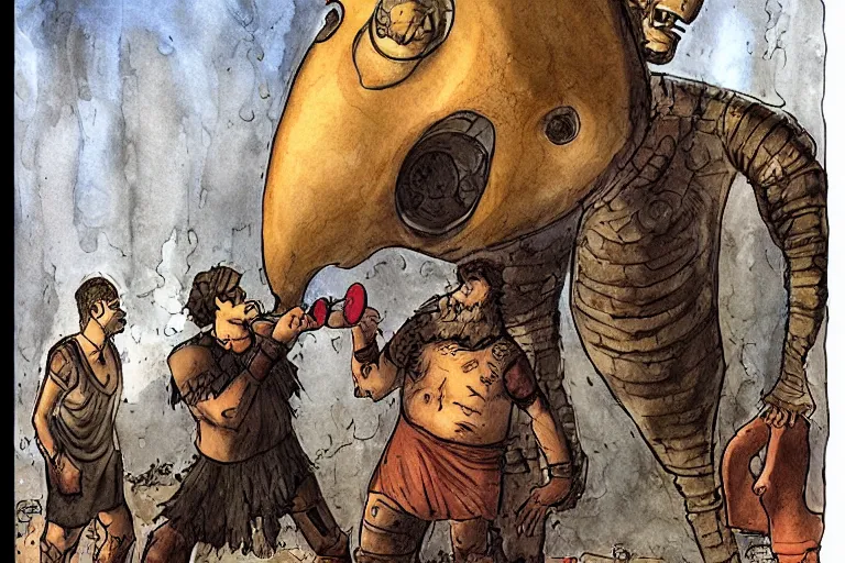 Image similar to odysseus presenting a wine flask to the giant cyclops by enki bilal