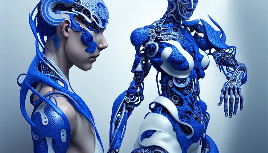 Image similar to organic cyborg, chinese blue and white porcelain, diffuse lighting, fantasy, intricate, elegant, highly detailed, lifelike, photorealistic, digital painting, artstation, illustration, concept art, smooth, sharp focus, by john collier and albert aublet and krenz cushart and artem demura and james jean h 8 9 6