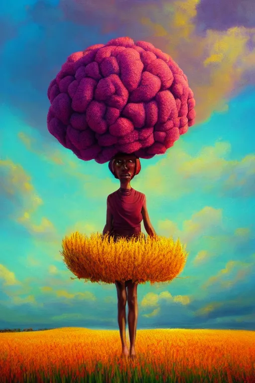 Prompt: closeup, giant flower as the head, african woman in heather field, surreal photography, golden hour, colorful clouds, impressionist painting, digital painting, artstation, simon stalenhag