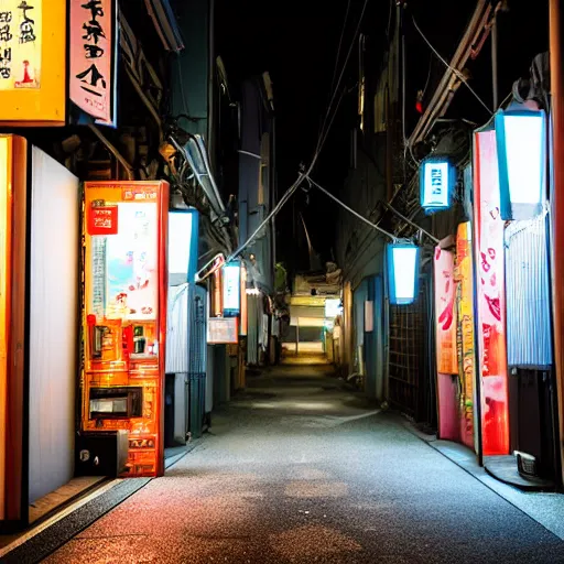 Image similar to Japanese alleyway at night, with a vending machine and powerlines hanging above. Professional quality photograph