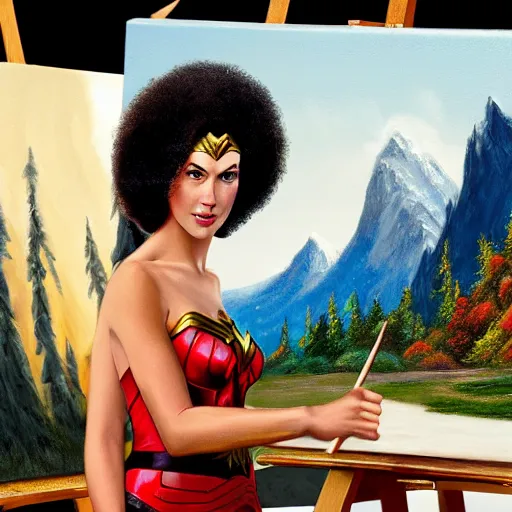 Image similar to a closeup photorealistic photograph of bob ross working on a canvas painting of wonder woman. film still. brightly lit scene. mountains and trees. this 4 k hd image is trending on artstation, featured on behance, well - rendered, extra crisp, features intricate detail, epic composition and the style of unreal engine.