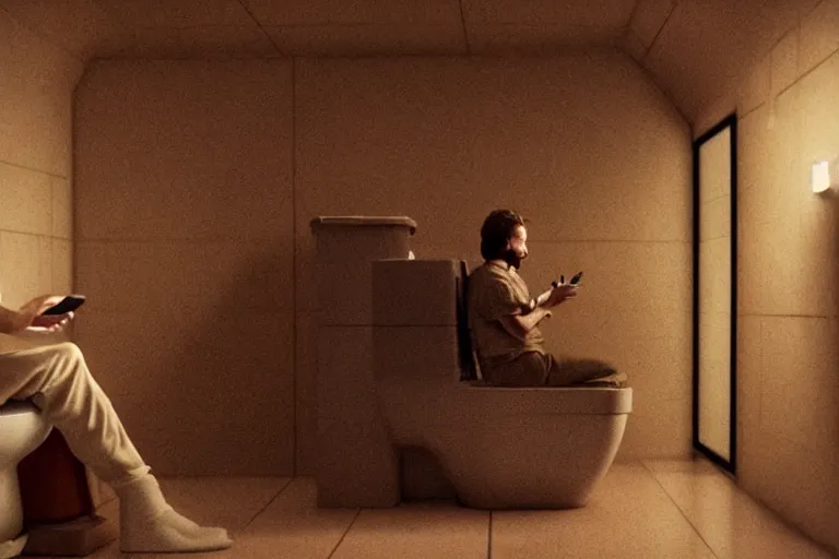 Image similar to hyperrealism aesthetic ridley scott and denis villeneuve style photography of a detailed giant, siting on a detailed ultra huge toilet and scrolling his smartphone in hyperrealism scene from detailed art house movie in style of alejandro jodorowsky and wes anderson