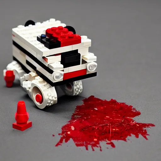 Image similar to a lego set splattered with blood, dark red blood splatter