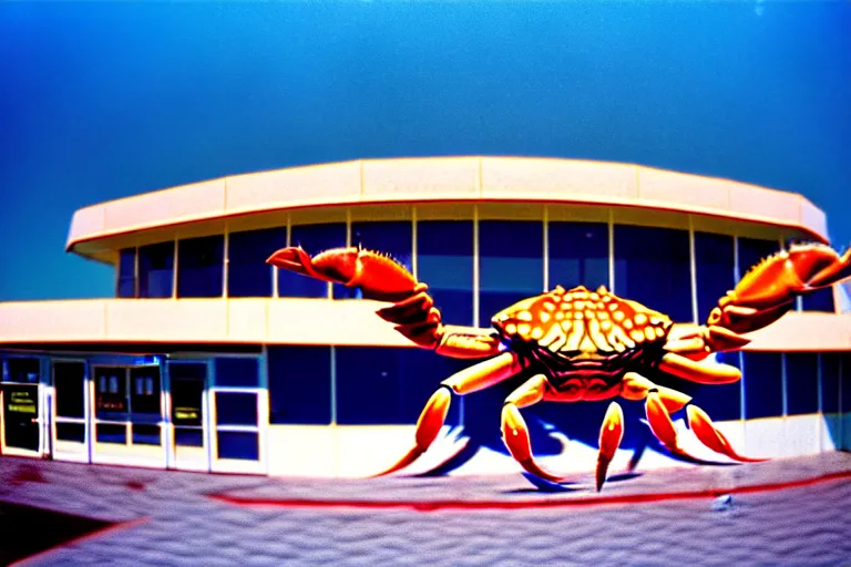 Image similar to 1 9 8 5 crab themed giant aquarium, googie architecture, one point perspective, americana, fishcore, exterior photography, hd 8 k, photography cinestill